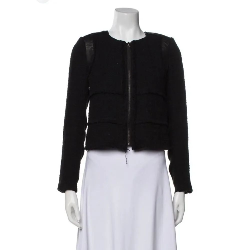 Rebecca Taylor Tweed Wool Jacket Lamb Leather Trim Cropped Black Size 0 Xs